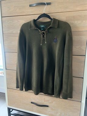 Lauren Ralph Lauren Olive Green Lace-Up V-Neck Polo Sweater